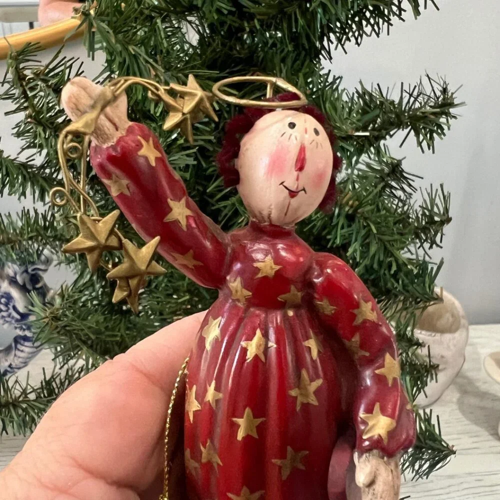 MARY BETH BAXTER RAGGEDY ANN Vintage Primitive Ornament Flying Angel Stars Red